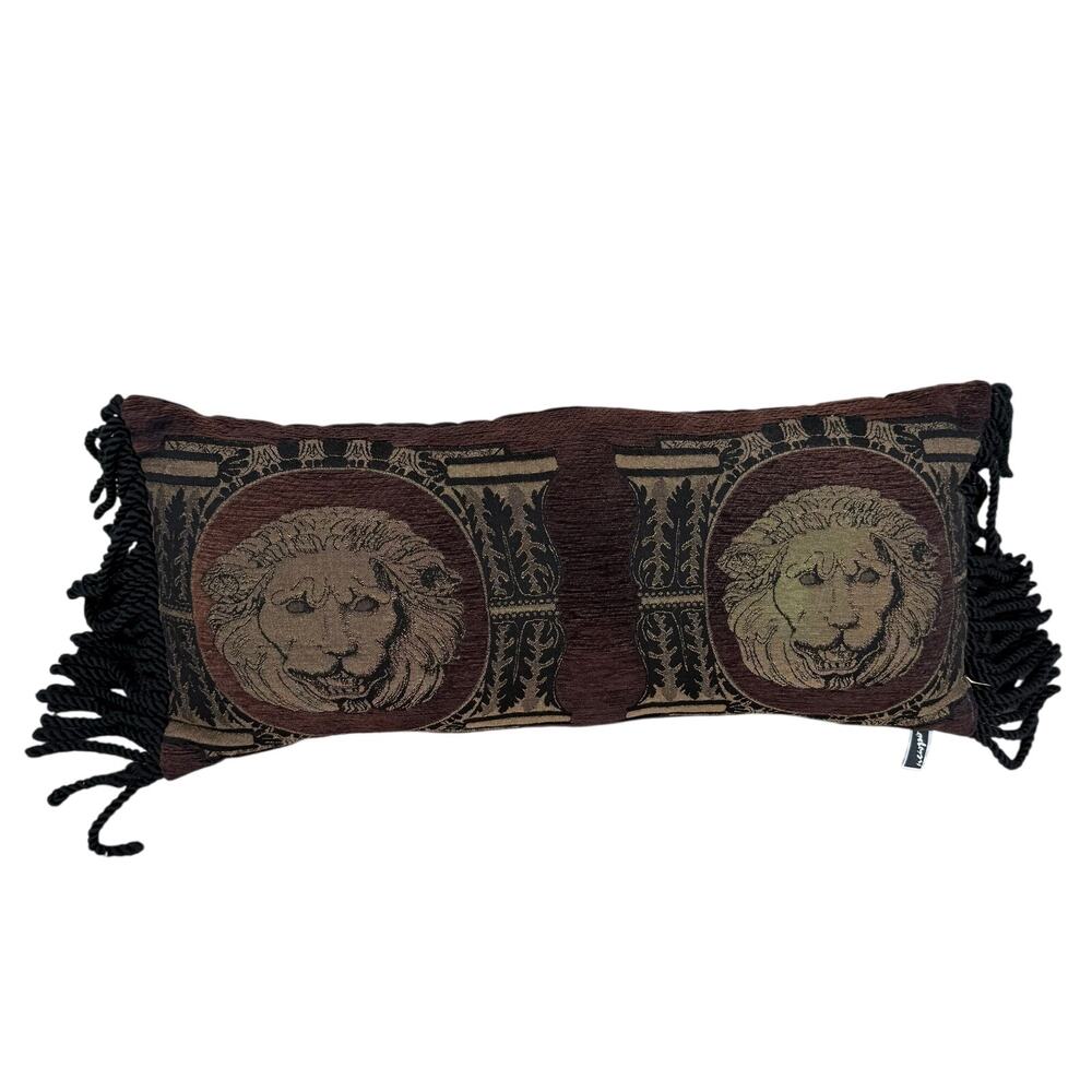 Vintage Newport Tapestry Lumbar Pillow Safari Lions Pillars w Tassels  24” x 10”
